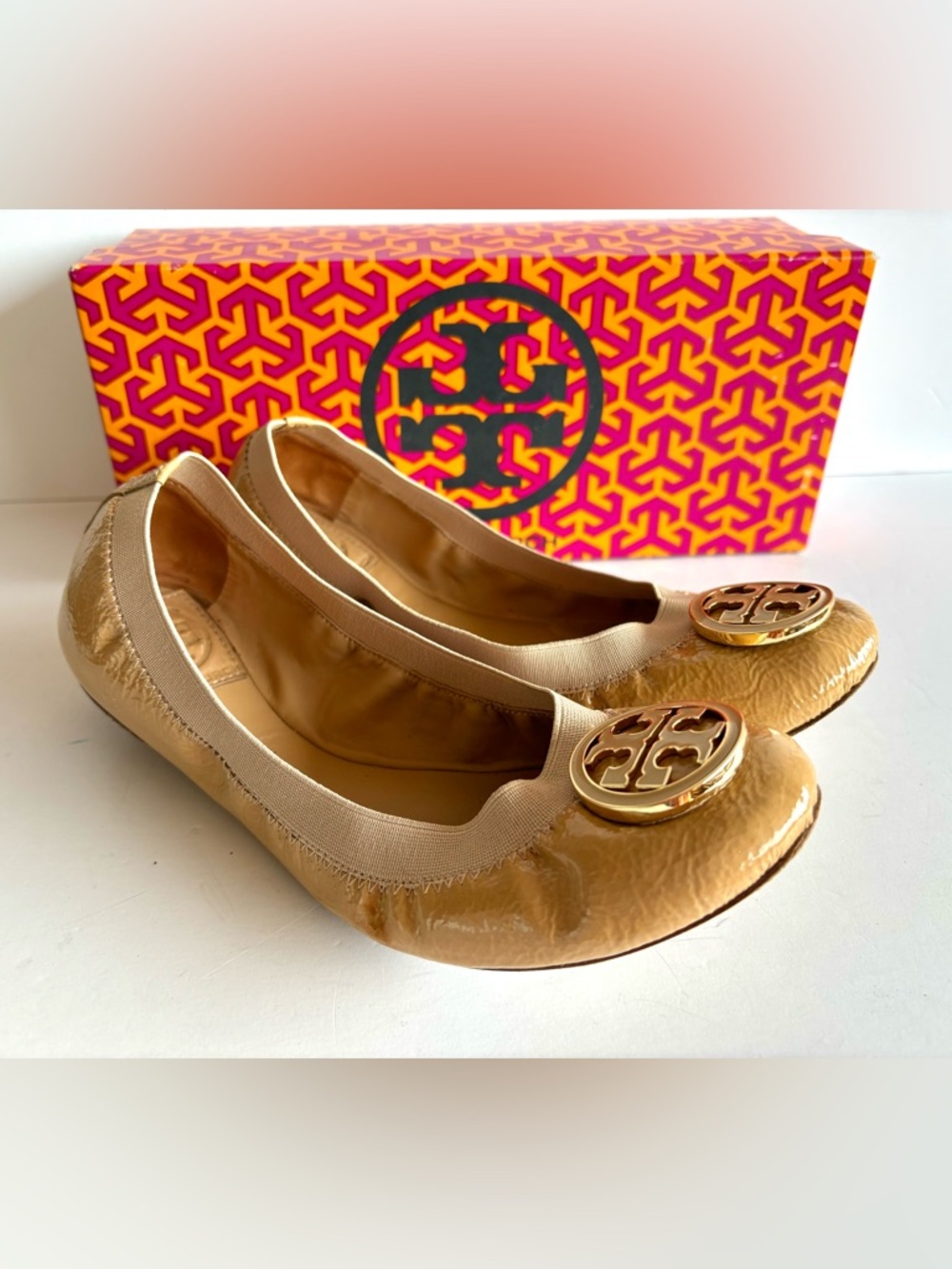 TORY BURCH Caroline nude patent leather logo toe detail ballet flats 8 - Picture 4 of 7